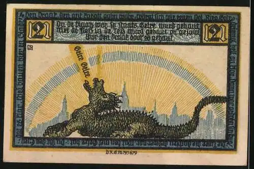 Notgeld Geldern, 2 Mark, Wappen, Drachen vor Ortspanorama