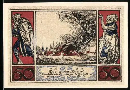 Notgeld Arnstadt 1921, 50 Pfennig, Reichsadler, Brand der Stadt, Weinende Bürger