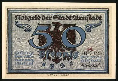 Notgeld Arnstadt 1921, 50 Pfennig, Reichsadler, Brand der Stadt, Weinende Bürger