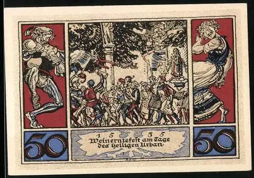 Notgeld Arnstadt 1921, 50 Pfennig, Reichsadler, Weinerntefest, Tanzende Bürger