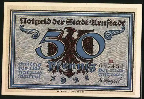 Notgeld Arnstadt 1921, 50 Pfennig, Reichsadler, Weinerntefest, Tanzende Bürger