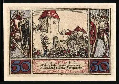 Notgeld Arnstadt 1921, 50 Pfennig, Reichsadler, Belagerung 1642, Ritter im Kampf