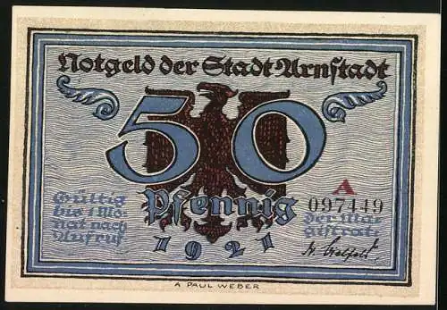 Notgeld Arnstadt 1921, 50 Pfennig, Reichsadler, Reichstag, Otto der Grosse