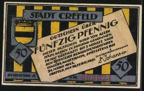 Notgeld Crefeld 1921, 50 Pfennig, Wappen, Pfeifenraucher