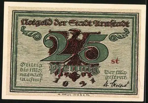 Notgeld Arnstadt 1921, 25 Pfennig, Reichsadler, Rathaus