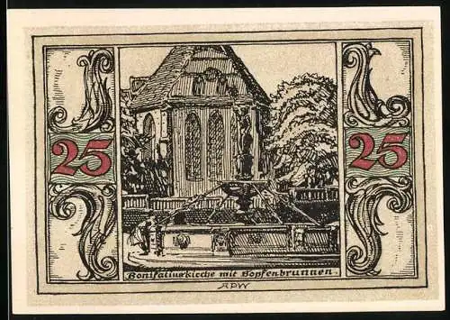 Notgeld Arnstadt 1921, 25 Pfennig, Reichsadler, Bonifatiuskirche mit Hopfenbrunnen