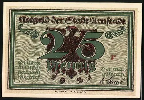 Notgeld Arnstadt 1921, 25 Pfennig, Reichsadler, Bonifatiuskirche mit Hopfenbrunnen