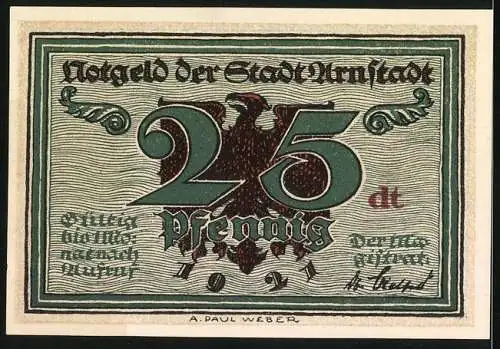 Notgeld Arnstadt 1921, 25 Pfennig, Reichsadler, Schwarzburger Hof