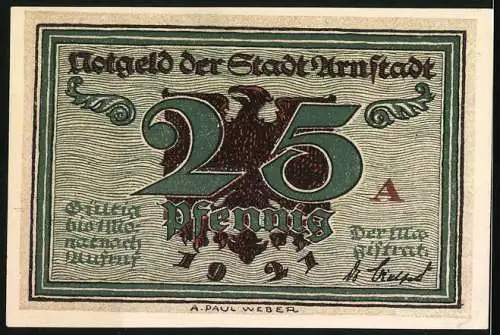 Notgeld Arnstadt 1921, 25 Pfennig, Reichsadler, Portrait Bach, Orgelpfeifen