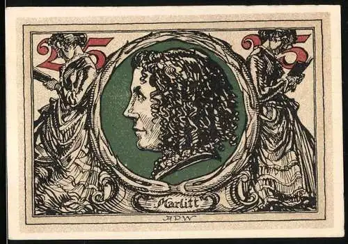 Notgeld Arnstadt 1921, 25 Pfennig, Reichsadler, Portrait Marlitt, Lesende Frauenfiguren