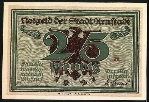 Notgeld Arnstadt 1921, 25 Pfennig, Reichsadler, Portrait Marlitt, Lesende Frauenfiguren