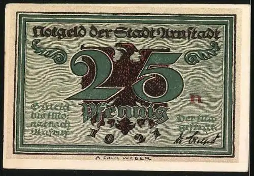 Notgeld Arnstadt 1921, 25 Pfennig, Reichsadler, Portrait Alexis, Lesende Bürger