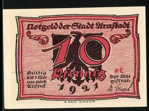 Notgeld Arnstadt 1921, 10 Pfennig, Reichsadler, Wucherer und Schieber