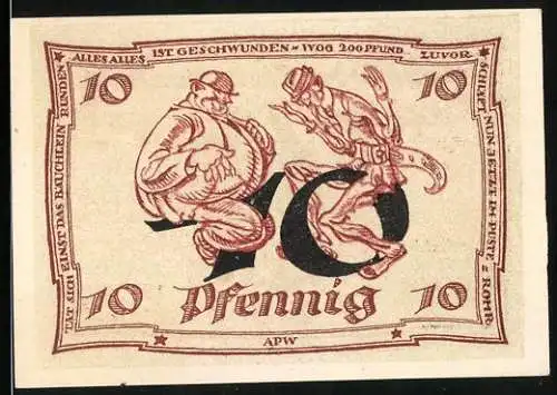 Notgeld Arnstadt 1921, 10 Pfennig, Reichsadler, Bürger mit verschwundenem Vermögen