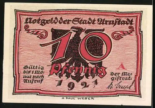 Notgeld Arnstadt 1921, 10 Pfennig, Reichsadler, Bürger mit verschwundenem Vermögen