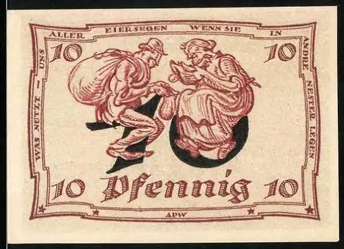 Notgeld Arnstadt 1921, 10 Pfennig, Reichsadler, Paar mit Huhn beim Eierlegen