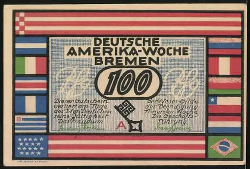 Notgeld Bremen 1923, 100 Pfennig, Deutsche Amerika-Woche, Amerikanische Flaggen, Rathaus