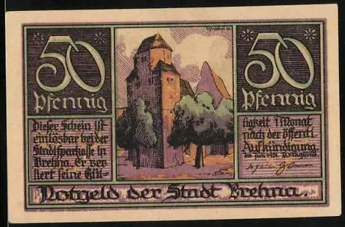 Notgeld Brehna 1921, 50 Pfennig, Ortspanorama, Portraits Luther u. Katharina von Bora, Turmgebäude