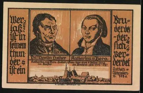 Notgeld Brehna 1921, 50 Pfennig, Ortspanorama, Portraits Luther u. Katharina von Bora, Turmgebäude