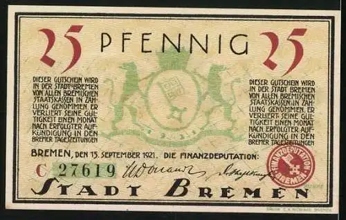 Notgeld Bremen 1921, 25 Pfennig, Der alte Domshof, Wappen, Siegel