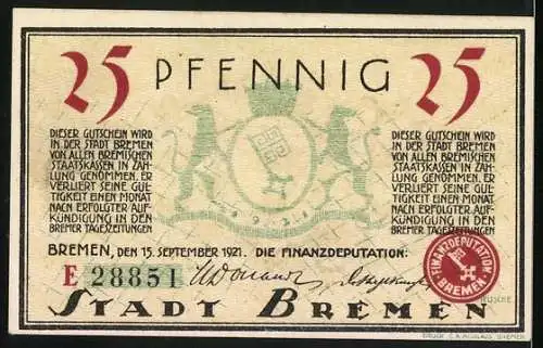 Notgeld Bremen 1921, 25 Pfennig, Der alte Domshof, Wappen, Siegel