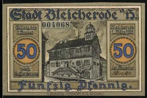 Notgeld Bleicherode 1921, 50 Pfennig, Rathaus, Wappen, Bergwerksanlagen