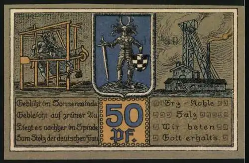 Notgeld Bleicherode 1921, 50 Pfennig, Rathaus, Wappen, Bergwerksanlagen