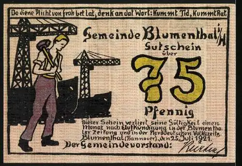 Notgeld Blumenthal i. H. 1921, 75 Pfennig, Hafenkrähne und Arbeiter, Arbeiterin beim Kämmen von Fasern