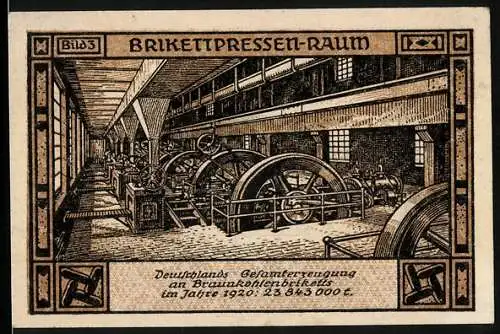 Notgeld Bitterfeld 1921, 50 Pfennig, Brikettpresser-Raum, Allegorische Figuren beim Richtfest