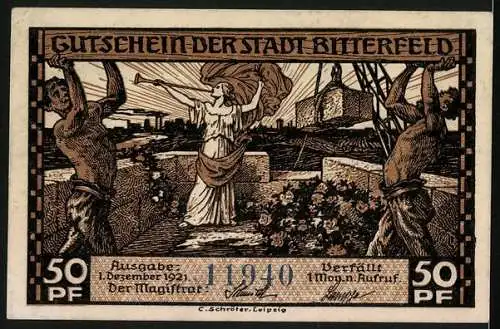 Notgeld Bitterfeld 1921, 50 Pfennig, Brikettpresser-Raum, Allegorische Figuren beim Richtfest