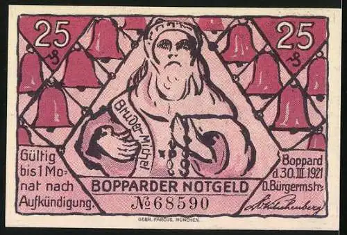 Notgeld Boppard 1921, 25 Pfennig, Bruder Michel und Glocken, Mönch beim Läuten, Engel