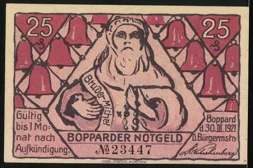 Notgeld Boppard 1921, 25 Pfennig, Bruder Michel und Glocken, Mönch beim Läuten, Engel