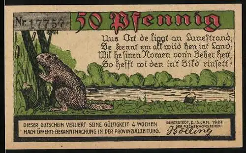 Notgeld Beverstedt 1922, 50 Pfennig, Kirchensiegel, Nagender Biber