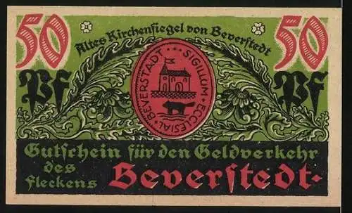 Notgeld Beverstedt 1922, 50 Pfennig, Kirchensiegel, Nagender Biber