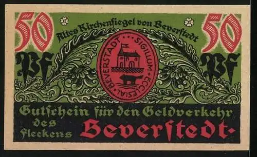 Notgeld Beverstedt 1922, 50 Pfennig, Kirchensiegel, Nagender Biber