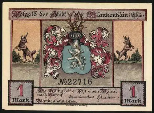 Notgeld Blankenhain /Th., 1 Mark, Wappen, Hasen, Jägergruppe mit Sack