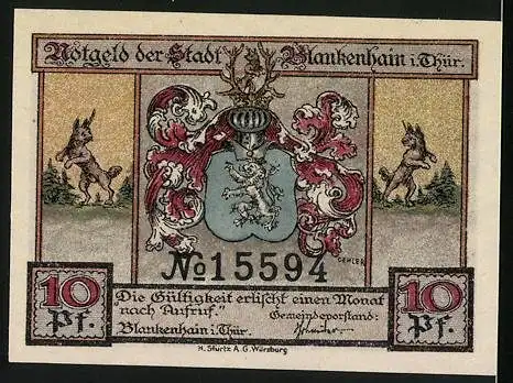 Notgeld Blankenhain /Th., 10 Pfennig, Wappen, Hasen, Jägergruppe mit Sack