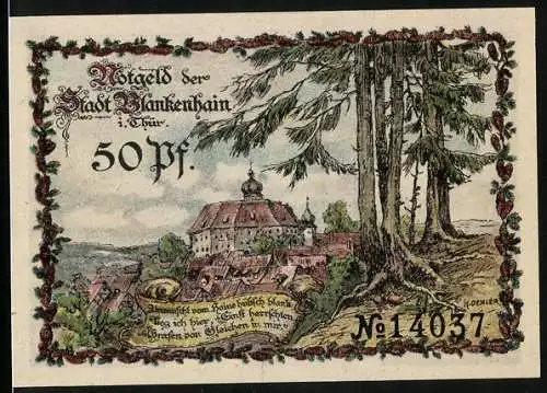 Notgeld Blankenhain /Th., 50 Pfennig, Wappen, Ortsansicht mit Burg, Töpfer