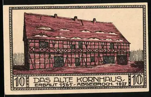 Notgeld Bitterfeld 1921, 10 Pfennig, Ortsansicht, Das alte Kornhaus