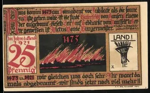 Notgeld Bitterfeld 1921, 25 Pfennig, Brand 1473, Ähren, Ortsansicht, Wappen