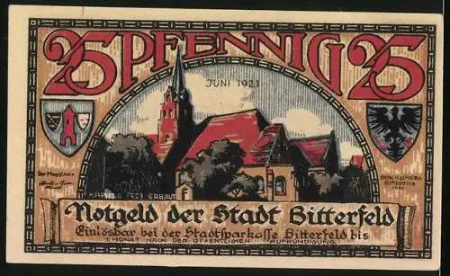 Notgeld Bitterfeld 1921, 25 Pfennig, Brand 1473, Ähren, Ortsansicht, Wappen