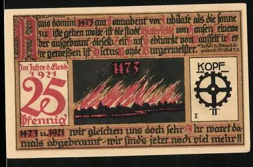 Notgeld Bitterfeld 1921, 25 Pfennig, Brand 1473, Zahnrad, Ortsansicht, Wappen