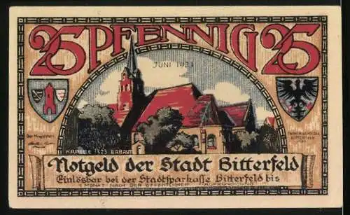 Notgeld Bitterfeld 1921, 25 Pfennig, Brand 1473, Zahnrad, Ortsansicht, Wappen