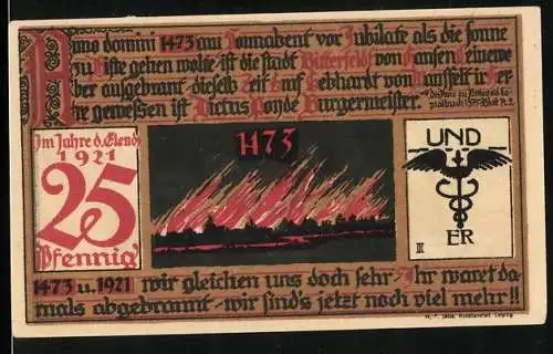 Notgeld Bitterfeld 1921, 25 Pfennig, Brand 1473, Flügel, Ortsansicht, Wappen