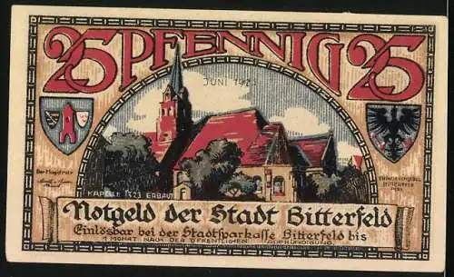 Notgeld Bitterfeld 1921, 25 Pfennig, Brand 1473, Flügel, Ortsansicht, Wappen