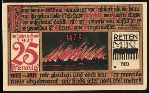 Notgeld Bitterfeld 1921, 25 Pfennig, Brand 1473, Ortsansicht, Wappen