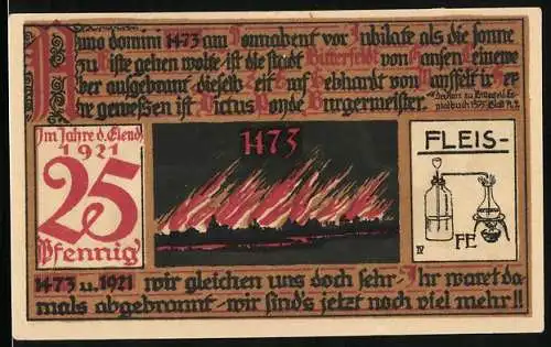 Notgeld Bitterfeld 1921, 25 Pfennig, Brand 1473, Destillation, Ortsansicht, Wappen