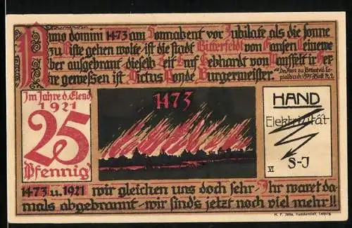 Notgeld Bitterfeld 1921, 25 Pfennig, Brand 1473, Blitz, Ortsansicht, Wappen