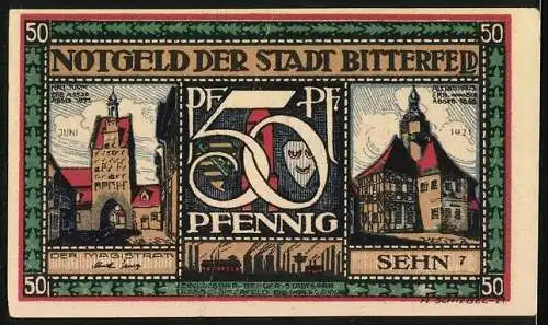 Notgeld Bitterfeld, 50 Pfennig, Wappen, Landstreicher und Polizist am Wegweiser, Panorama, Gebäude