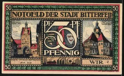 Notgeld Bitterfeld, 50 Pfennig, Wappen, Arbeiter vor Fabrikschloten, Panorama, Gebäude